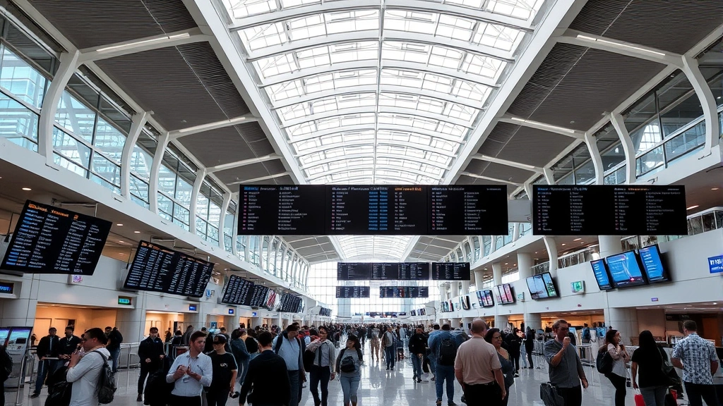 Hartsfield-Jackson Atlanta International Airport interior showing busy departure hall with travelers, flight information displays, modern architecture with natural lighting