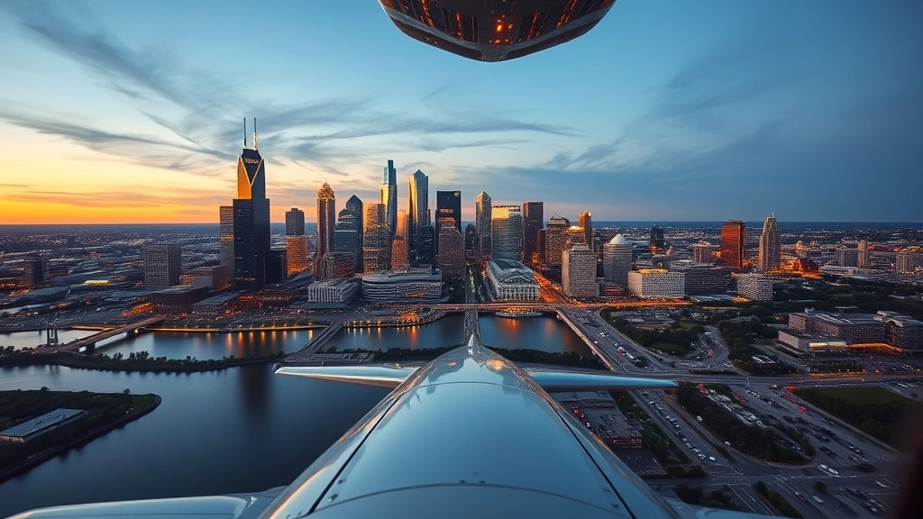 Aerial view of Dallas Fort Worth skyline at dusk with city lights, downtown skyscrapers reflecting in water, approaching aircraft perspective, golden hour lighting