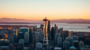 Aerial view of Seattle skyline with Space Needle and Puget Sound at golden hour, mountains visible in background, photorealistic travel photography