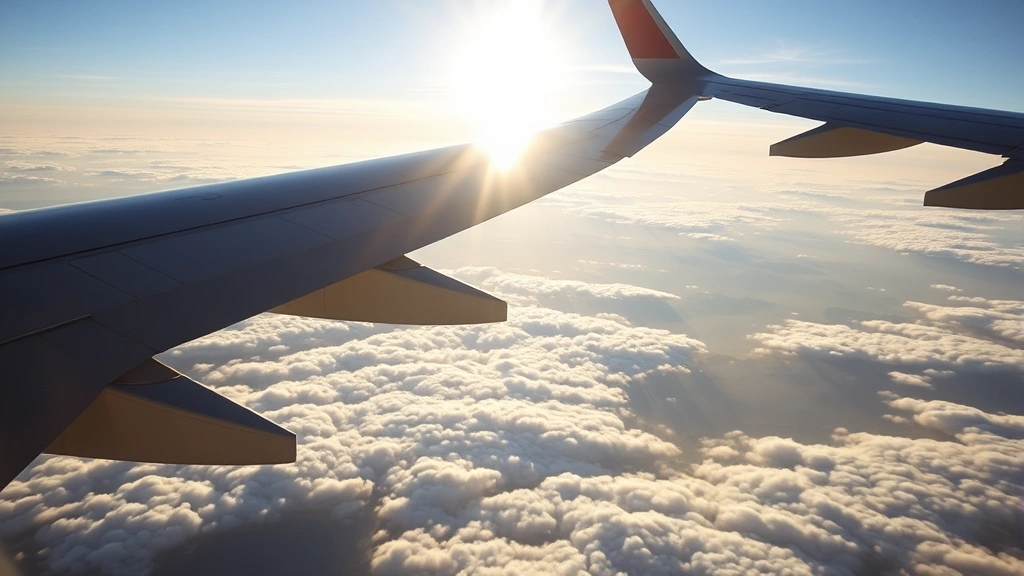 Modern commercial airplane wing over landscape during flight, sunlit clouds below, Pacific Northwest terrain visible, professional aviation photography