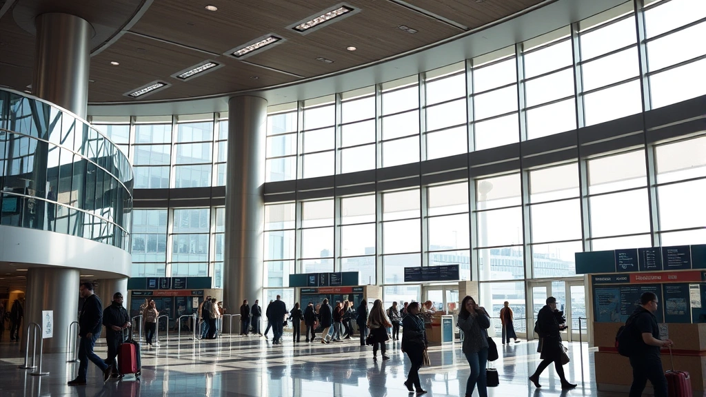 Detroit Metropolitan Airport terminal interior with modern architecture, travelers checking in, natural lighting, contemporary airport environment