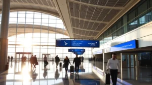 Dallas Fort Worth International Airport terminal interior with morning light, modern architecture, departing passengers walking through concourse, blue airline signage visible
