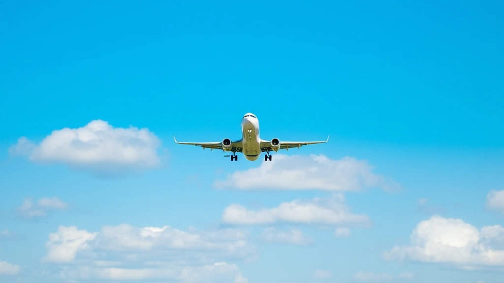 Commercial airplane in flight against blue sky with white clouds, photographed from ground level during takeoff or landing approach, clear weather conditions