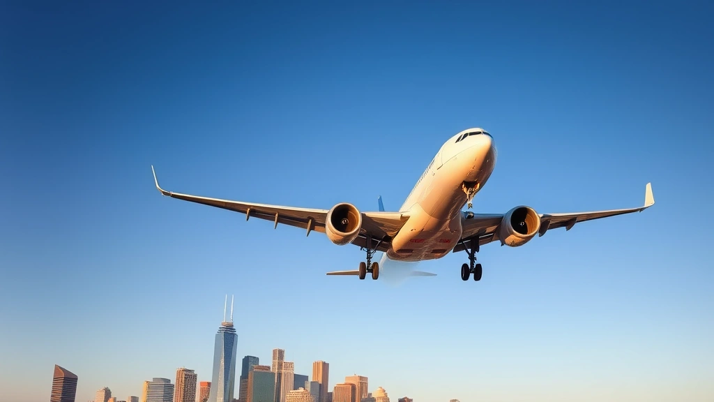 Modern commercial aircraft ascending through clear blue sky above Dallas skyline, golden hour lighting, dynamic angle showing engine power and motion
