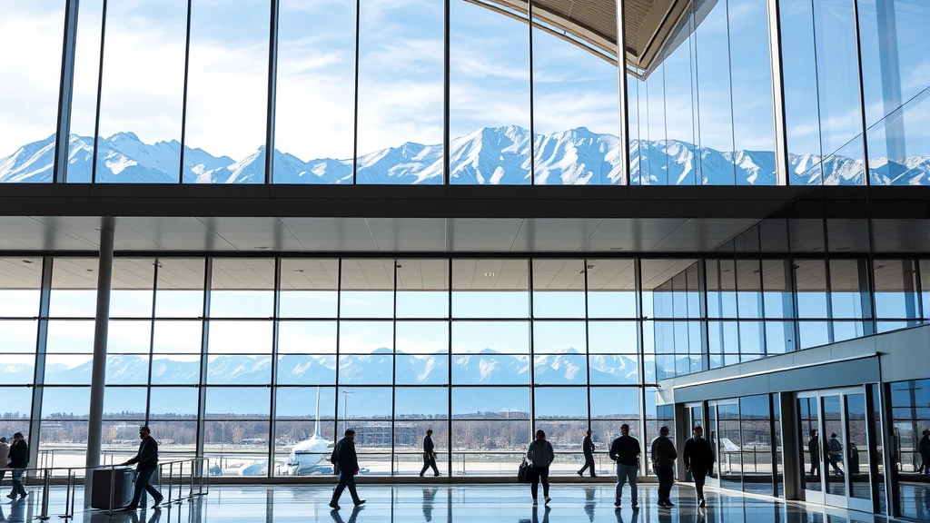 Denver International Airport terminal exterior with Rocky Mountains visible in background, passengers walking through modern glass architecture, daytime natural lighting