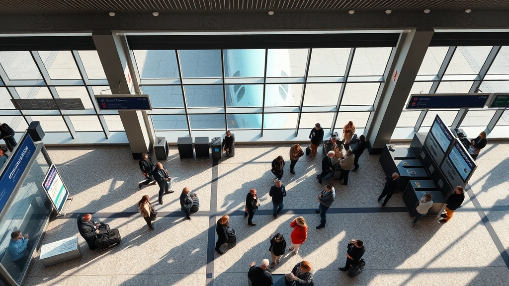Overhead view of busy airport gate area with travelers checking in, airplane visible through window, realistic busy travel environment with natural lighting
