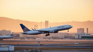 Modern United Airlines aircraft taking off from desert airport terminal at golden hour with Las Vegas skyline visible in background, sunny day, professional aviation photography