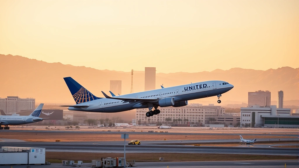 Modern United Airlines aircraft taking off from desert airport terminal at golden hour with Las Vegas skyline visible in background, sunny day, professional aviation photography