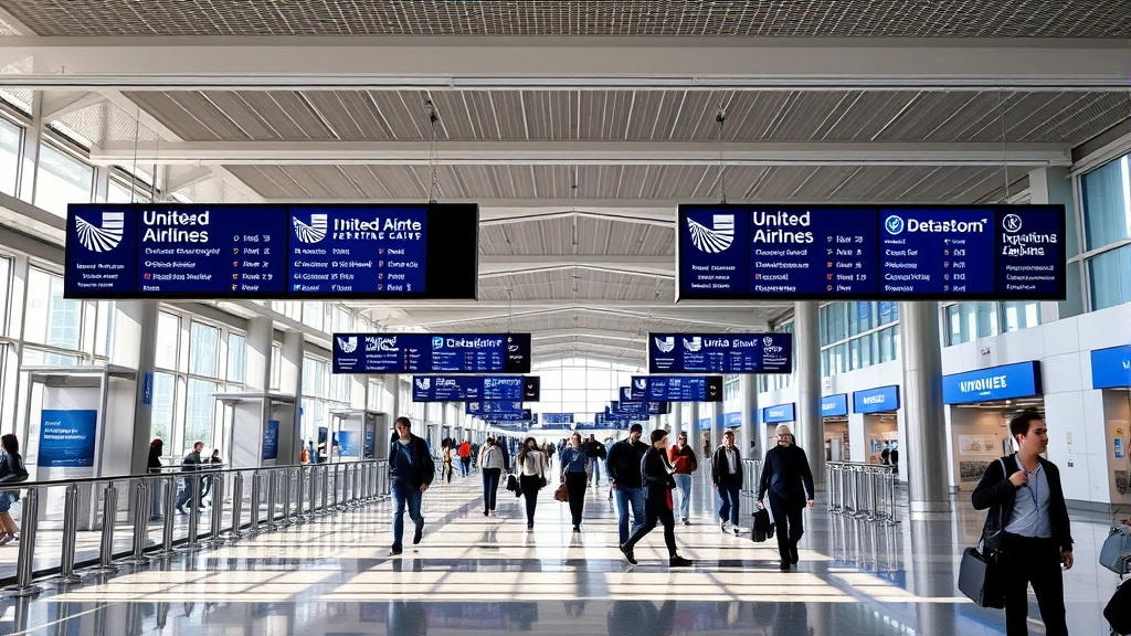 Passengers walking through modern airport terminal with international departure boards, blue and white United Airlines branding visible, contemporary airport architecture, natural lighting