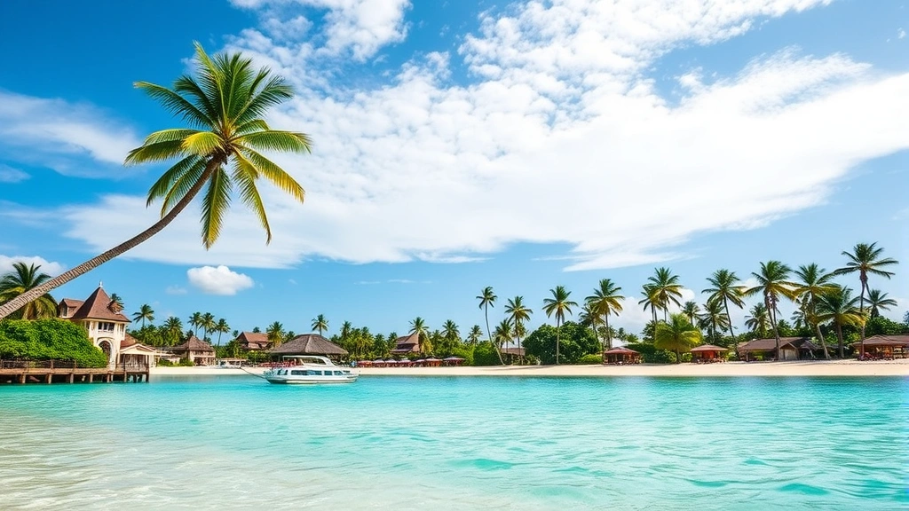 Tropical beach resort destination with turquoise water and white sand, palm trees, vacation setting representing United's Mexico and Caribbean routes from Las Vegas
