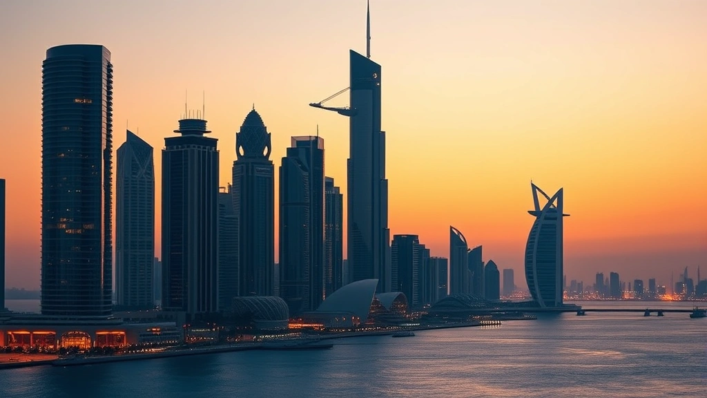 Modern Dubai skyline at sunset with Burj Khalifa and Palm Jumeirah visible, golden hour lighting, Arabian Gulf waters reflecting city lights, photorealistic travel photography