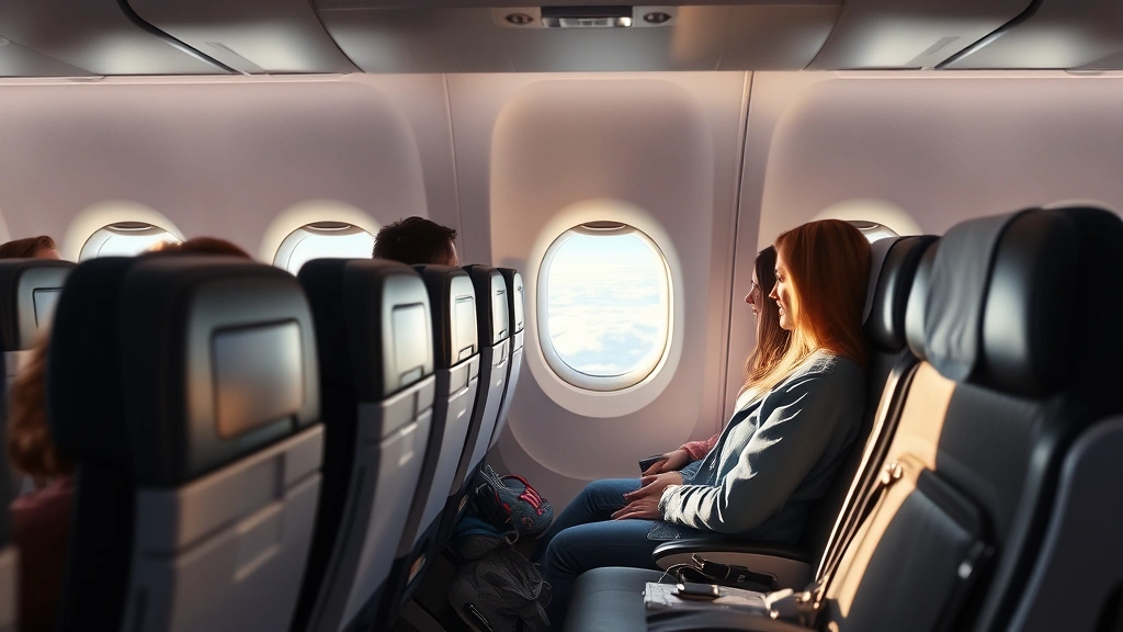 Long-haul aircraft cabin interior showing comfortable economy seating with passengers during flight, window showing clouds and distant horizon, realistic airline interior design