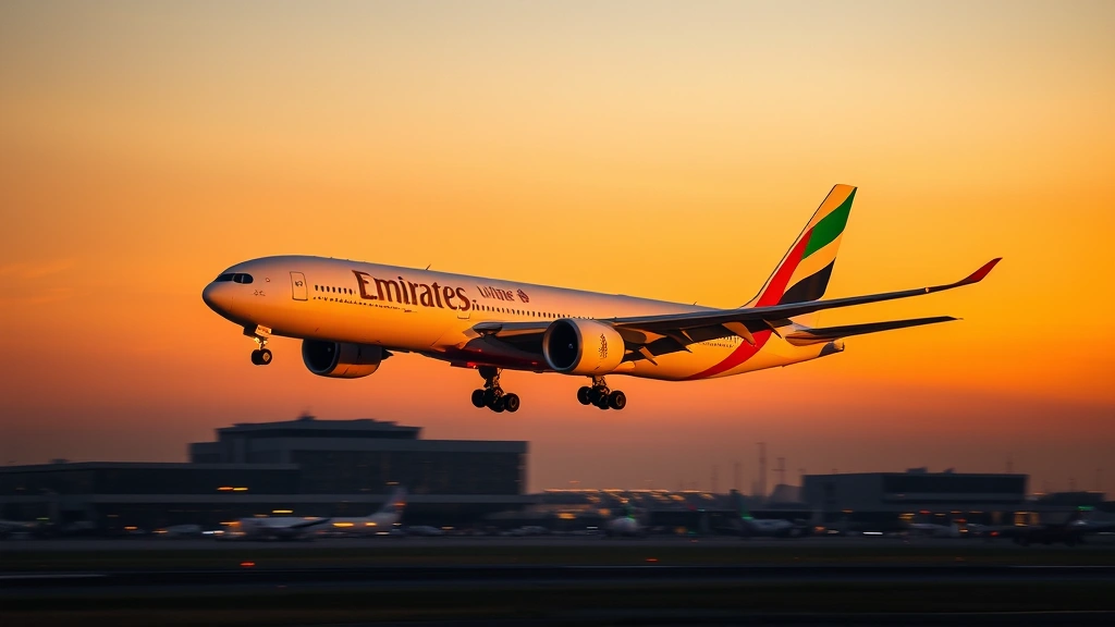 Modern Emirates Boeing 777 aircraft taking off from Dubai International Airport at sunset, with golden light illuminating the fuselage and runway lights visible below