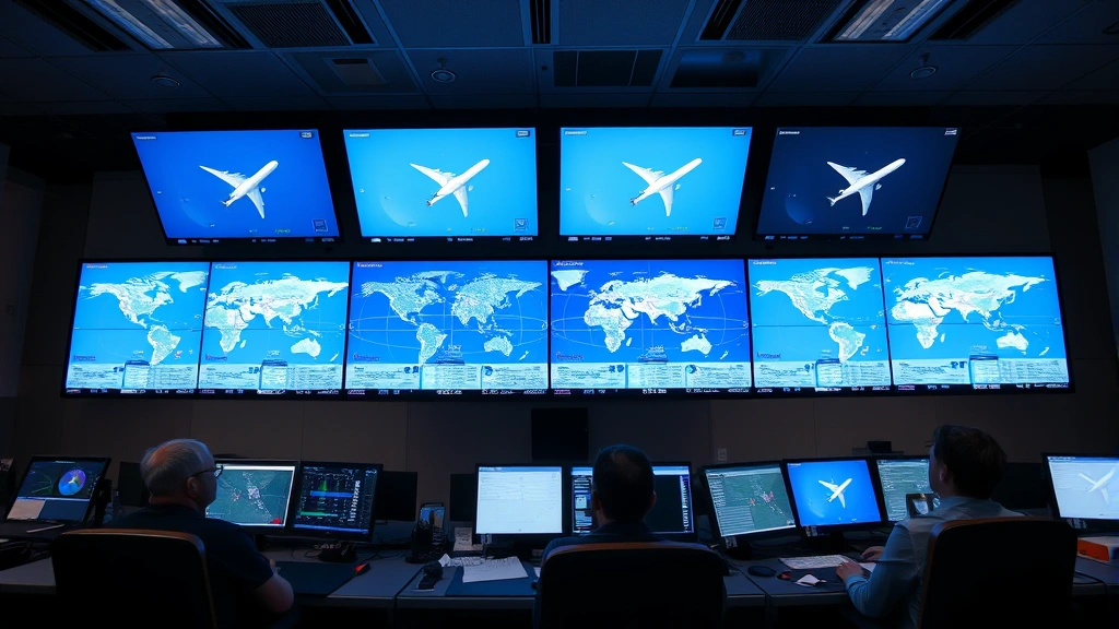 Airport operations center with air traffic controllers monitoring multiple radar screens displaying flight paths and real-time aircraft positions across global airways