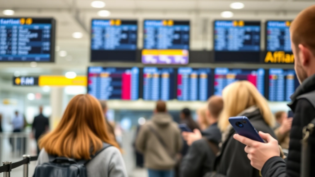 Passengers checking flight information on mobile devices at airport terminal gate area, with departure boards visible in soft focus background showing flight statuses