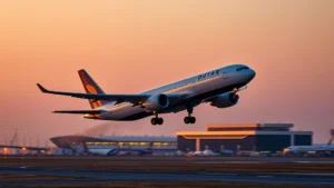 Modern commercial aircraft taking off from Dubai International Airport during golden hour, with runway lights visible and clear sky in background, photorealistic professional aviation photography