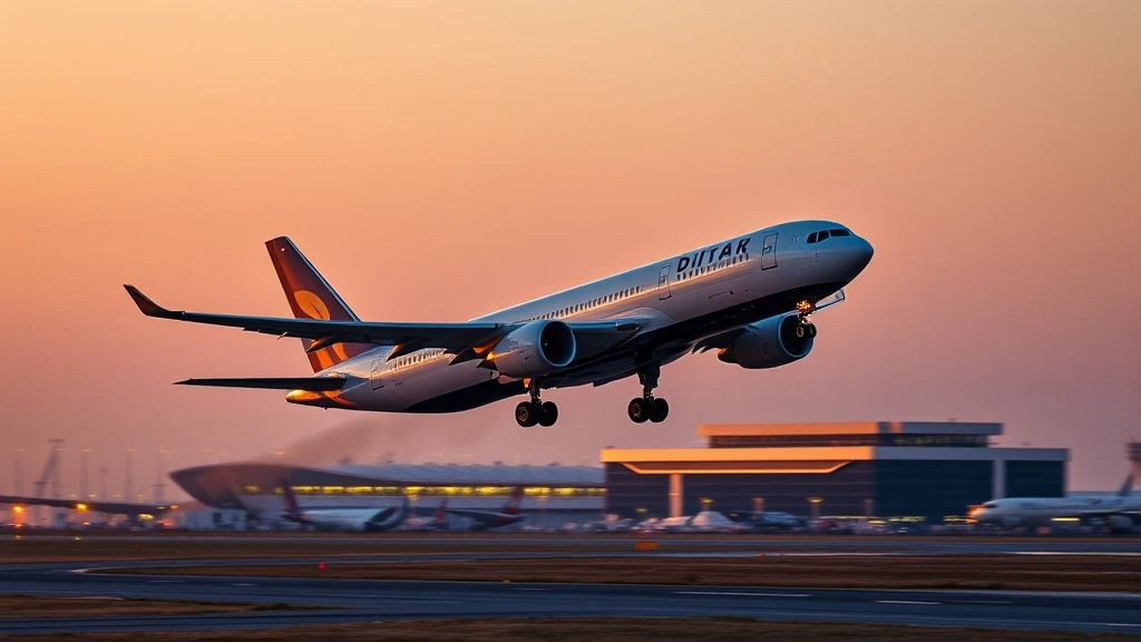Modern commercial aircraft taking off from Dubai International Airport during golden hour, with runway lights visible and clear sky in background, photorealistic professional aviation photography