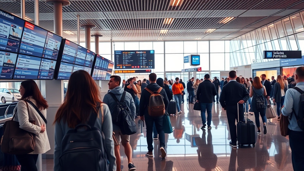 Busy transatlantic airport lounge with international passengers checking flight information boards, modern minimalist design, warm professional lighting, realistic scene