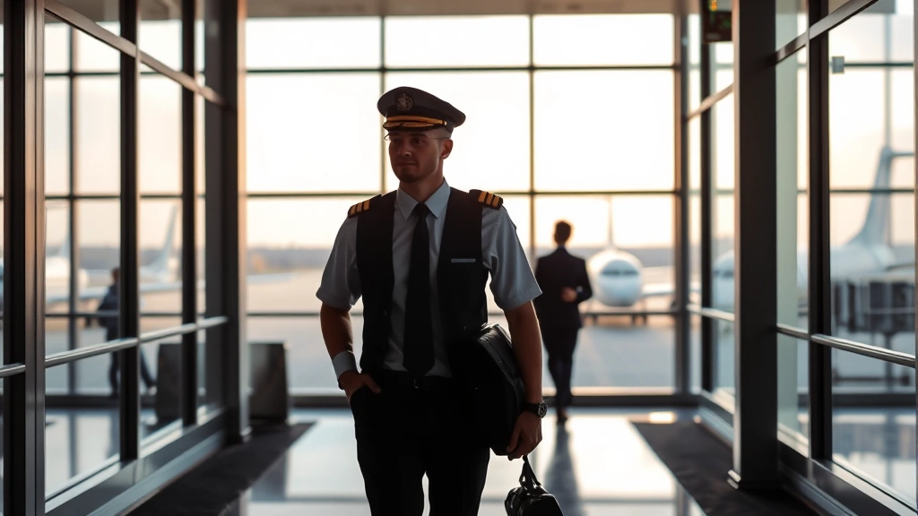 Pilot and flight attendant walking through modern airport corridor with large windows showing aircraft on tarmac, professional aviation environment, realistic photography