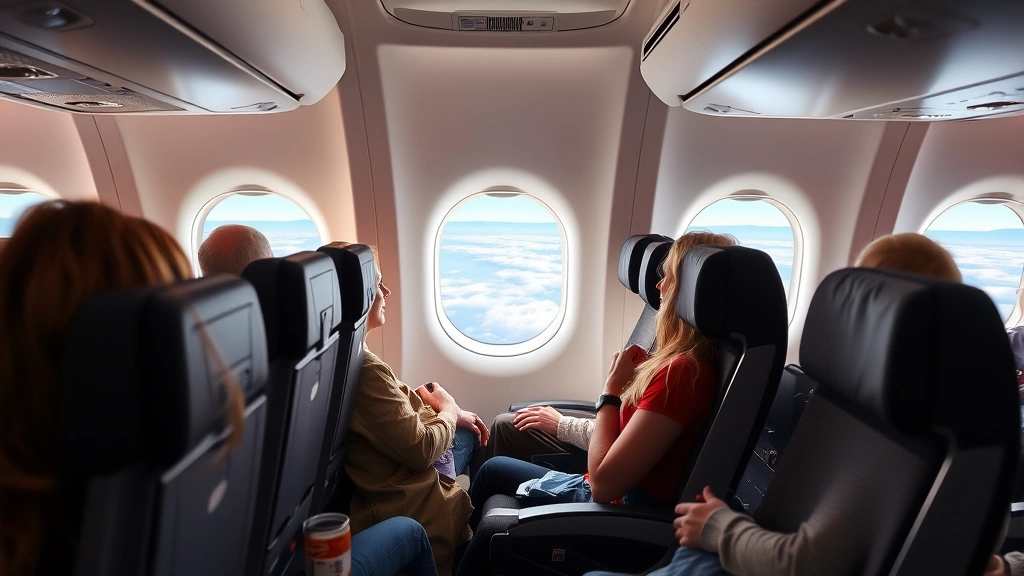 Modern aircraft cabin interior during flight with passengers relaxing, window view showing clouds and blue sky below, contemporary airplane seating arrangement with overhead bins