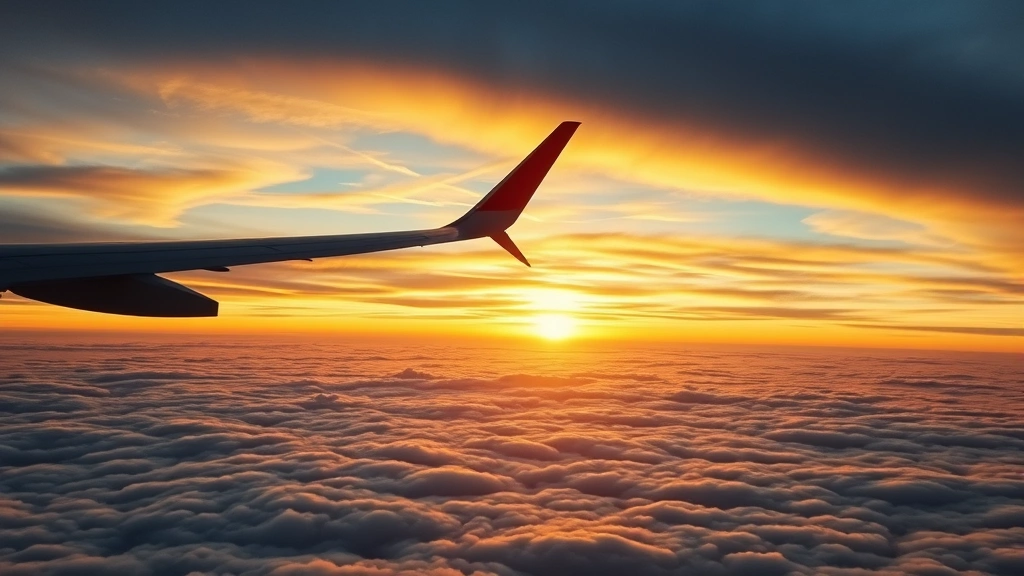 Commercial airplane in flight against dramatic sunset sky, wing visible with contrail, clouds below and above creating layered atmosphere, golden hour lighting