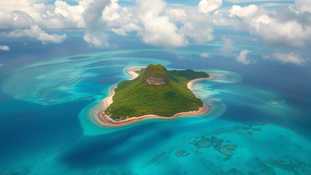 Aerial view of a tropical island with lush green vegetation, sandy beaches, and crystal-clear turquoise ocean water, dramatic clouds overhead, photorealistic travel photography style