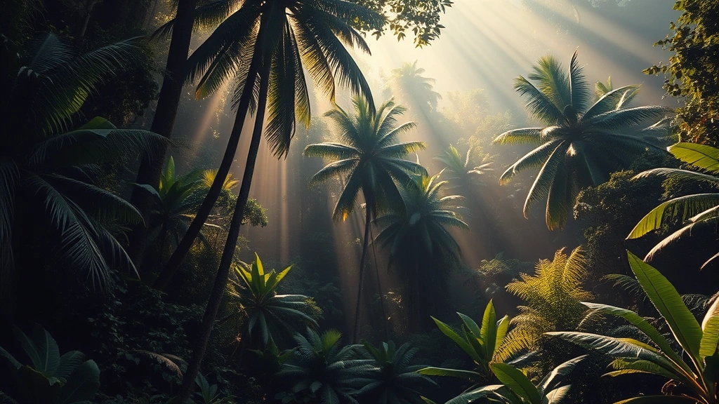 Dense tropical jungle with towering trees, exotic vegetation, and filtered sunlight creating atmospheric shadows, peaceful yet mysterious ambiance, travel adventure aesthetic