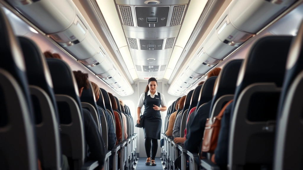 Modern commercial aircraft cabin interior with passengers seated in comfortable rows, natural lighting from windows, overhead storage bins visible, professional flight attendants assisting passengers in the aisle
