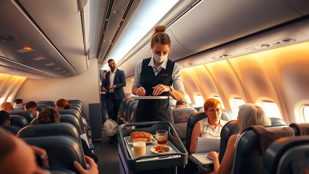 Overhead view of flight attendant serving meals and beverages from cart to passengers in economy cabin, showing meal trays and beverage options, warm cabin lighting, diverse passengers relaxing