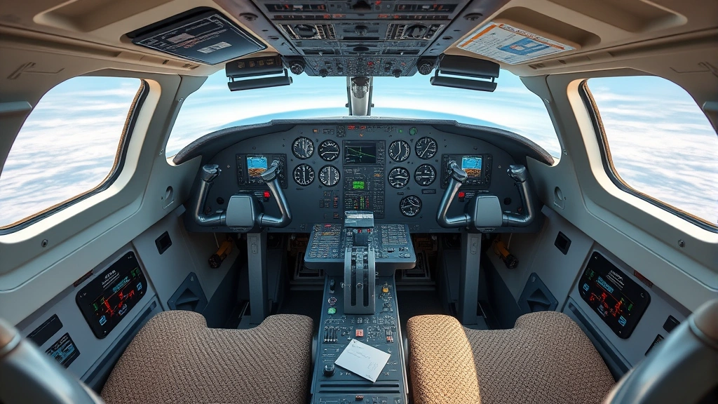 Modern aircraft cockpit interior with multiple instrument panels, control columns, and the horizontal stabilizer control mechanism visible, showing the complexity of flight control systems