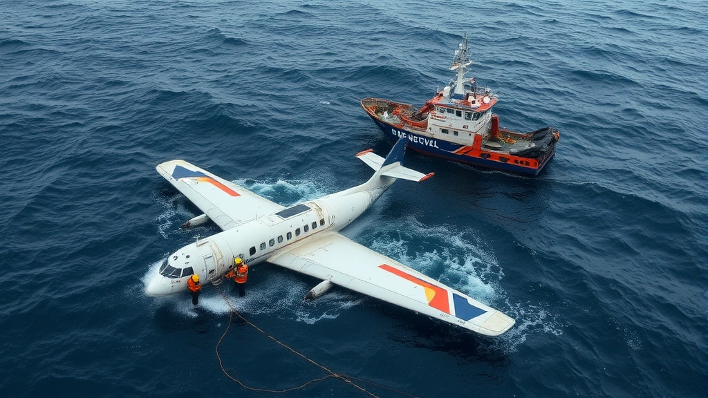 Atlantic Ocean surface with rescue vessel and investigation equipment during maritime salvage operations, showing the scale of deep-sea aircraft wreckage recovery efforts