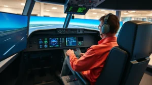 Professional flight simulator cockpit with authentic controls and high-resolution displays, pilot in training at the controls, realistic instrument panel visible, motion platform setup, professional instruction environment, bright modern facility interior