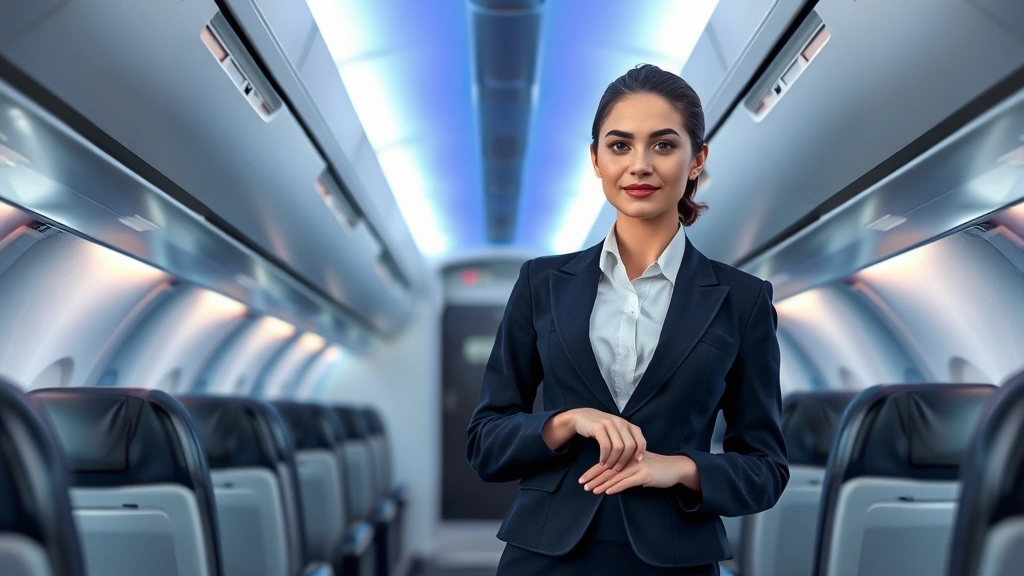 Professional flight attendant in navy blazer and white blouse standing in aircraft cabin aisle with confident posture, perfectly groomed appearance, modern commercial airplane interior background