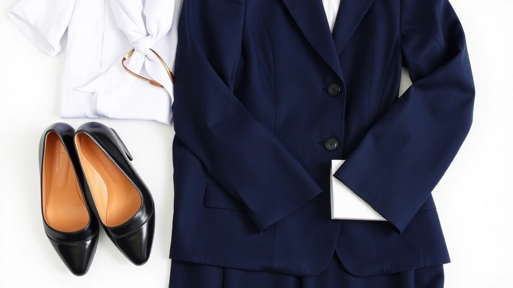 Close-up detail of flight attendant uniform components including tailored navy jacket, pressed white blouse, silk scarf, polished black shoes, and professional accessories arranged neatly