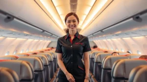 Professional female flight attendant in uniform standing in aircraft cabin aisle, smiling warmly at passengers, warm cabin lighting, modern aircraft interior with rows of seats