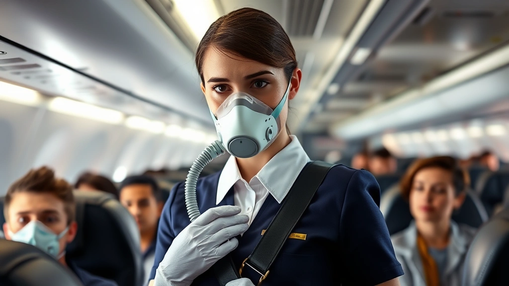 Close-up of flight attendant demonstrating safety procedures with oxygen mask and seatbelt to attentive passengers in cabin, professional demonstration pose, realistic cabin environment