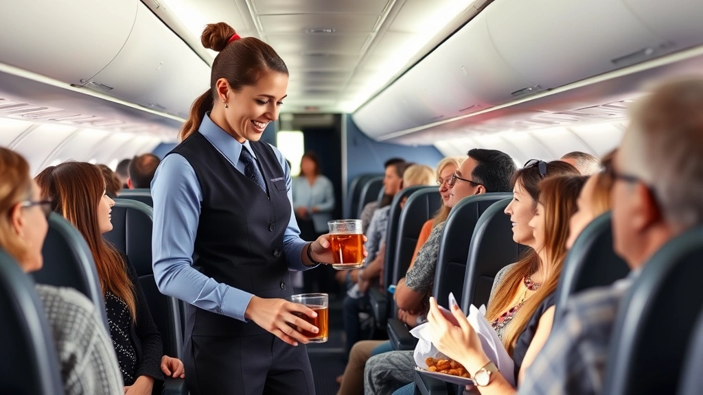 Flight attendant serving beverages and snacks to passengers in cabin during cruise flight, professional service interaction, natural cabin lighting, diverse passengers