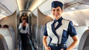 Professional flight attendant in contemporary navy and white uniform standing confidently in modern aircraft cabin aisle, natural cabin lighting, smiling passenger boarding in background