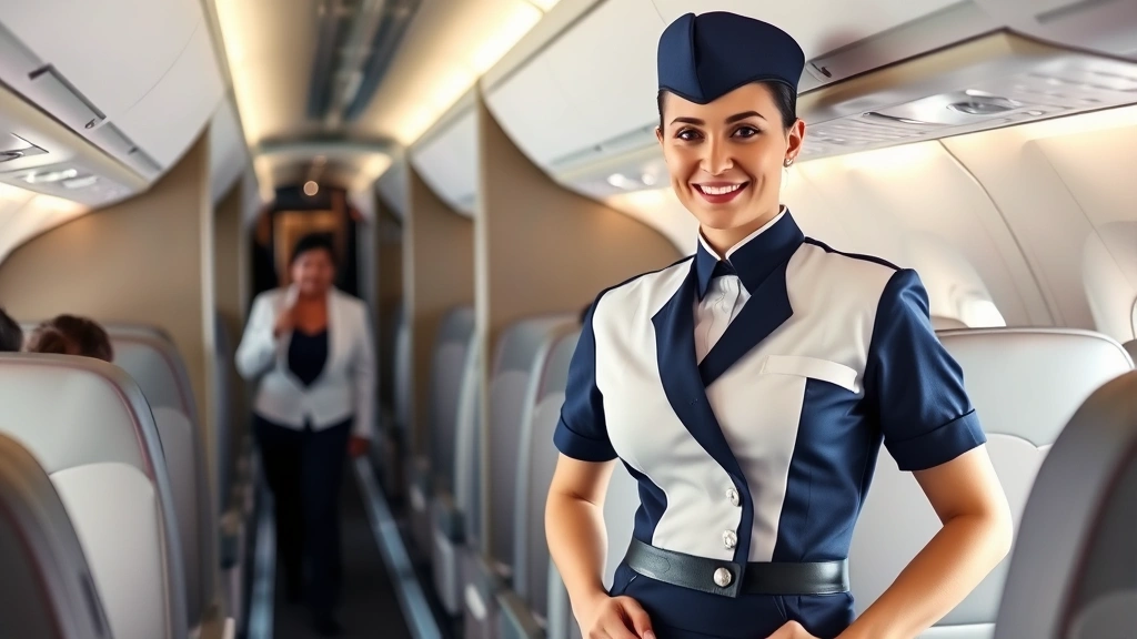 Professional flight attendant in contemporary navy and white uniform standing confidently in modern aircraft cabin aisle, natural cabin lighting, smiling passenger boarding in background