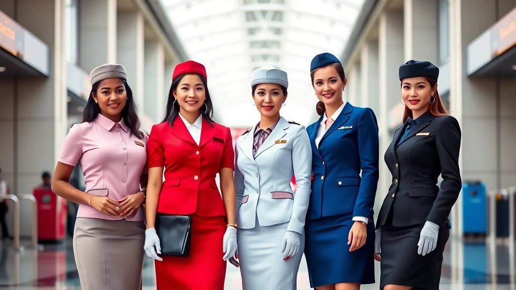 Diverse group of four flight attendants wearing different styles of modern uniforms in various colors representing different airlines, standing together in modern airport terminal with natural lighting