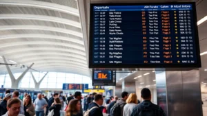 Modern airport departure board with digital flight information displaying multiple flights, gates, and status updates, bustling terminal with travelers checking information, bright modern airport terminal interior with contemporary lighting