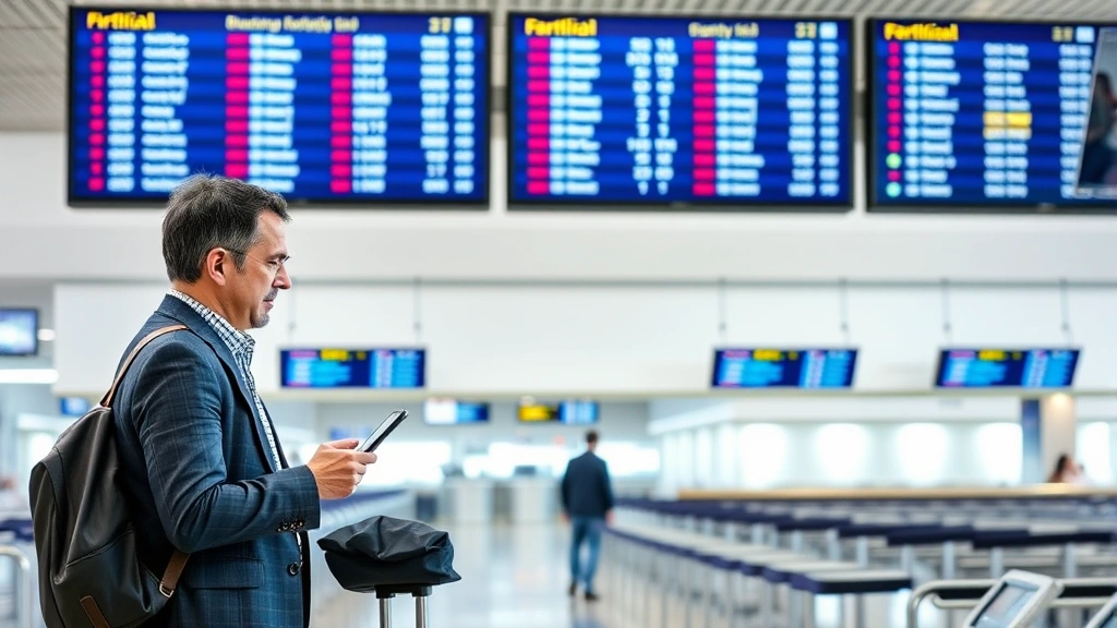 Experienced traveler checking mobile phone at airport gate while monitoring physical flight board overhead, casual business traveler with luggage reviewing real-time flight information, modern airport gate area with comfortable seating and digital displays