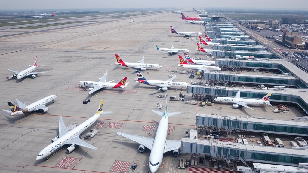 Aerial view of busy airport tarmac with multiple aircraft at gates, various planes from different airlines parked at terminal gates, airport ground operations showing aircraft movement and gate assignments, modern airport hub with active flight operations