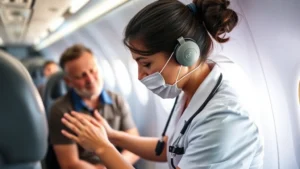 Professional flight care nurse in medical uniform checking vital signs of passenger in aircraft cabin during in-flight emergency response, calm professional demeanor