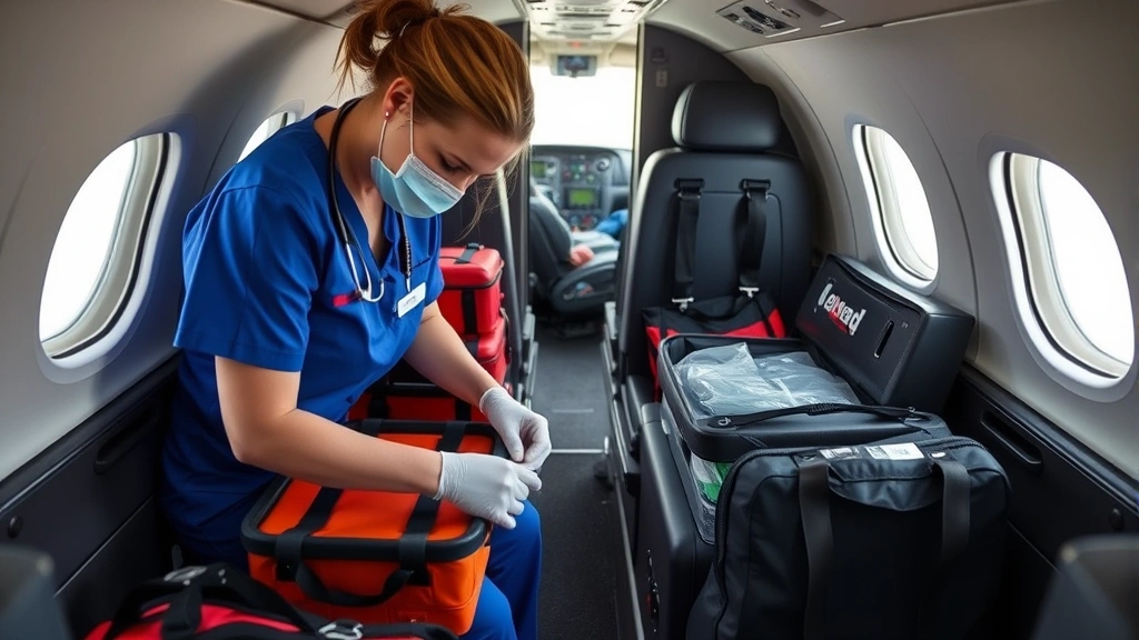 Flight care nurse preparing and organizing emergency medical equipment and supplies in compact aircraft cabin storage area before departure