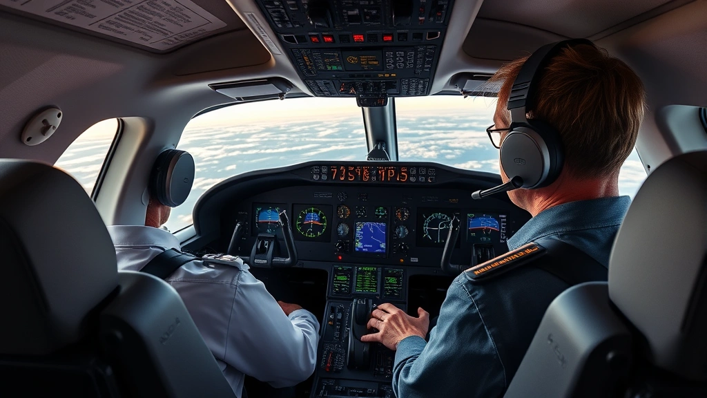 Modern aircraft cockpit interior showing pilot wearing headset communicating with air traffic control while managing flight instruments and navigation systems