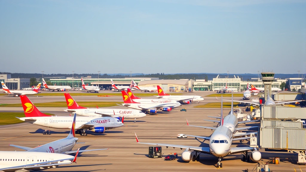 Busy airport terminal with aircraft lined up on tarmac, control tower visible in background overseeing ground operations and flight movements