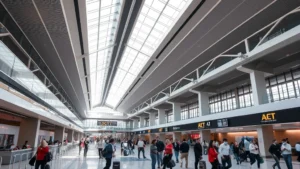Hartsfield-Jackson Atlanta International Airport departure hall with modern architecture, travelers checking in at counters, natural lighting from skylights, busy but organized atmosphere