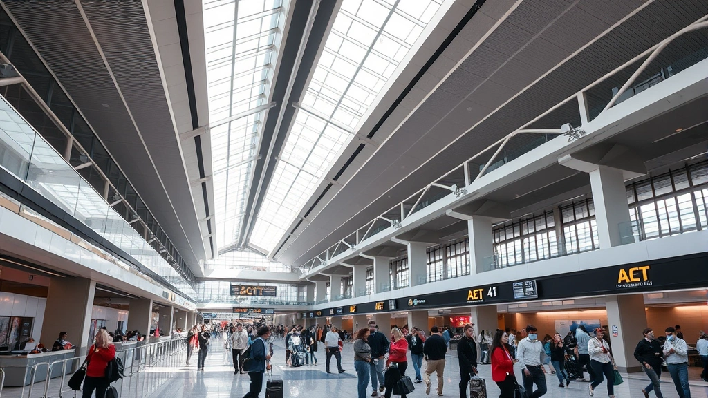 Hartsfield-Jackson Atlanta International Airport departure hall with modern architecture, travelers checking in at counters, natural lighting from skylights, busy but organized atmosphere
