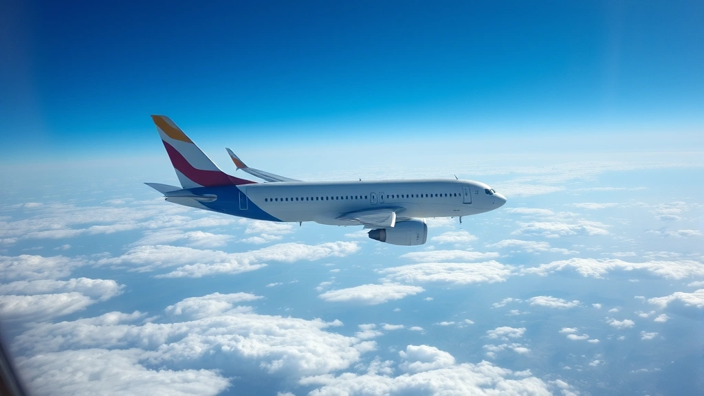 Commercial airplane cruising at altitude above clouds with clear blue sky, wing visible, peaceful high-altitude view showing the journey between Atlanta and New York